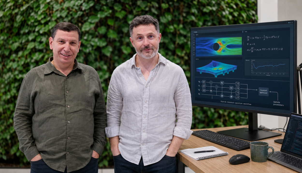 Laurent Guiraud et Hacène Goudjil, cofondateurs de ColibriTD, devant une visualisation de simulation quantique
