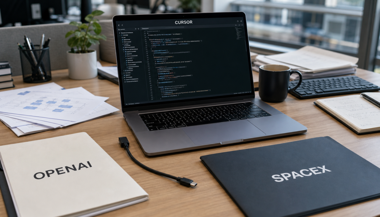 Poste de travail de développeur avec Cursor affiché sur un ordinateur, dossiers OpenAI et SpaceX et câble débranché.
