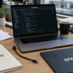 Poste de travail de développeur avec Cursor affiché sur un ordinateur, dossiers OpenAI et SpaceX et câble débranché.