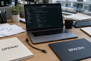 Poste de travail de développeur avec Cursor affiché sur un ordinateur, dossiers OpenAI et SpaceX et câble débranché.