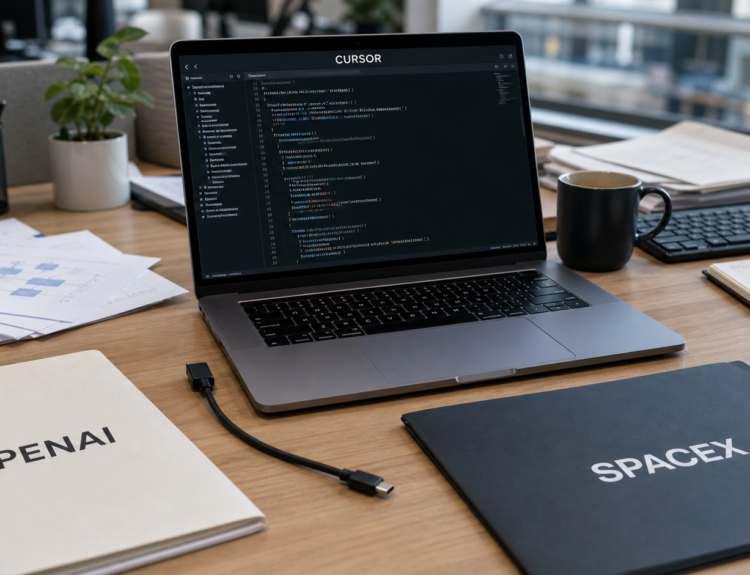 Poste de travail de développeur avec Cursor affiché sur un ordinateur, dossiers OpenAI et SpaceX et câble débranché.