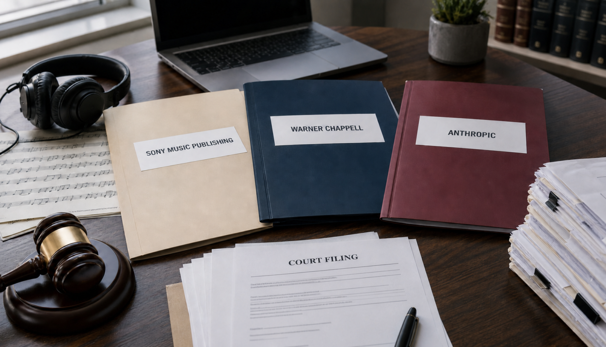 Dossiers Sony Music Publishing, Warner Chappell et Anthropic sur un bureau avec partition musicale et documents juridiques.