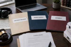 Dossiers Sony Music Publishing, Warner Chappell et Anthropic sur un bureau avec partition musicale et documents juridiques.
