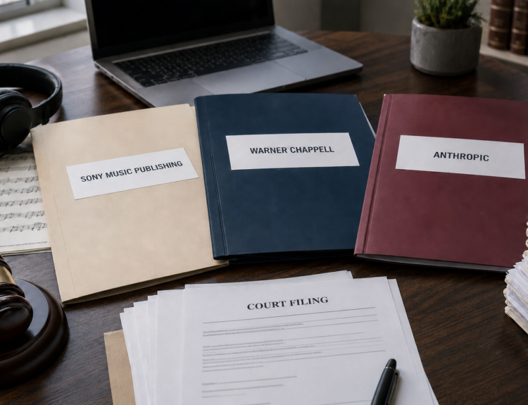 Dossiers Sony Music Publishing, Warner Chappell et Anthropic sur un bureau avec partition musicale et documents juridiques.