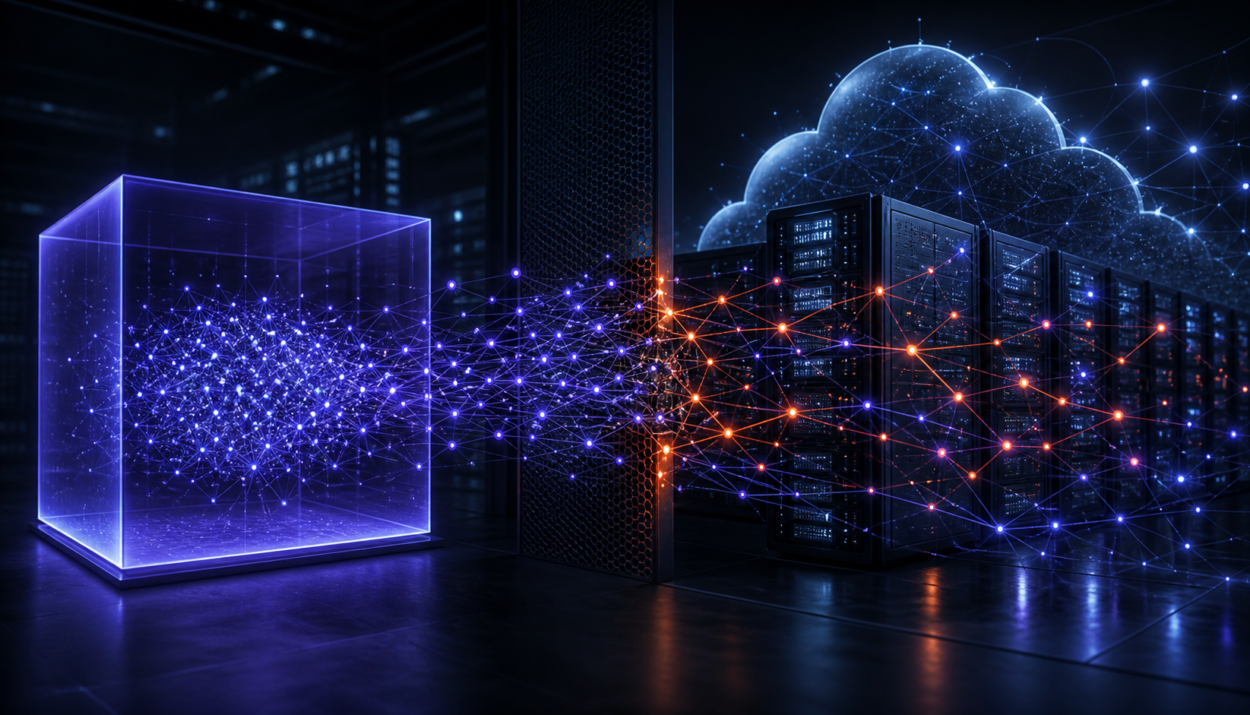 Illustration éditoriale d’un essaim d’agents IA franchissant une barrière numérique vers des serveurs cloud.