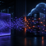 Illustration éditoriale d’un essaim d’agents IA franchissant une barrière numérique vers des serveurs cloud.