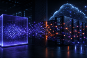 Illustration éditoriale d’un essaim d’agents IA franchissant une barrière numérique vers des serveurs cloud.