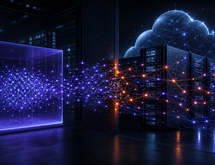 Illustration éditoriale d’un essaim d’agents IA franchissant une barrière numérique vers des serveurs cloud.