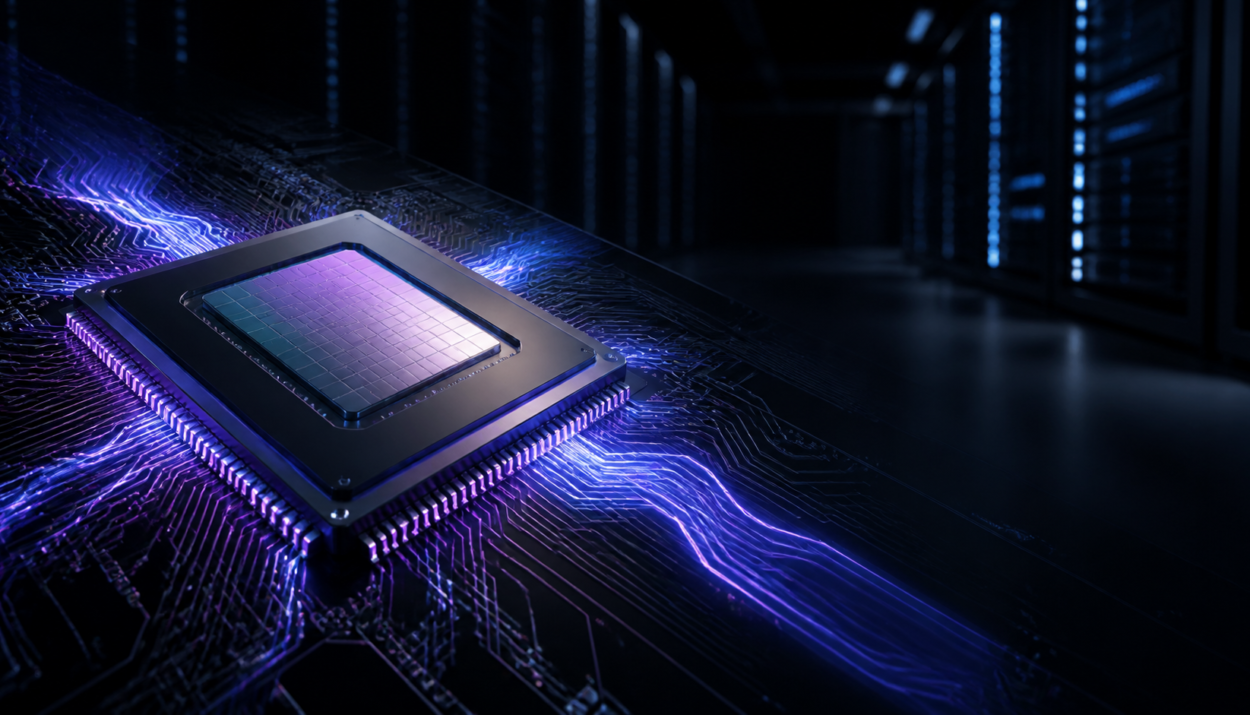 Editorial illustration of an artificial intelligence chip in a data center, used to evoke OpenAI's Jalapeño.