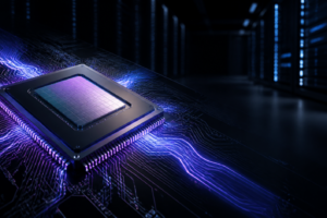 Editorial illustration of an artificial intelligence chip in a data center, used to evoke OpenAI's Jalapeño.