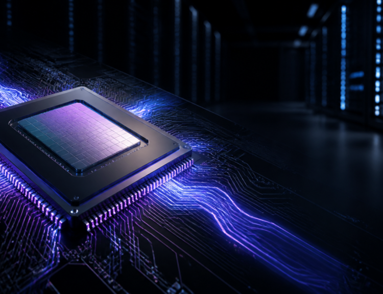 Editorial illustration of an artificial intelligence chip in a data center, used to evoke OpenAI's Jalapeño.