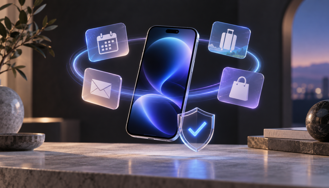 Illustration d’un assistant IA personnel : un smartphone entouré de tâches et d’un symbole de validation.