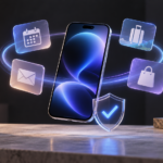 Illustration d’un assistant IA personnel : un smartphone entouré de tâches et d’un symbole de validation.