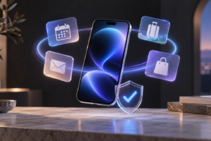 Illustration d’un assistant IA personnel : un smartphone entouré de tâches et d’un symbole de validation.