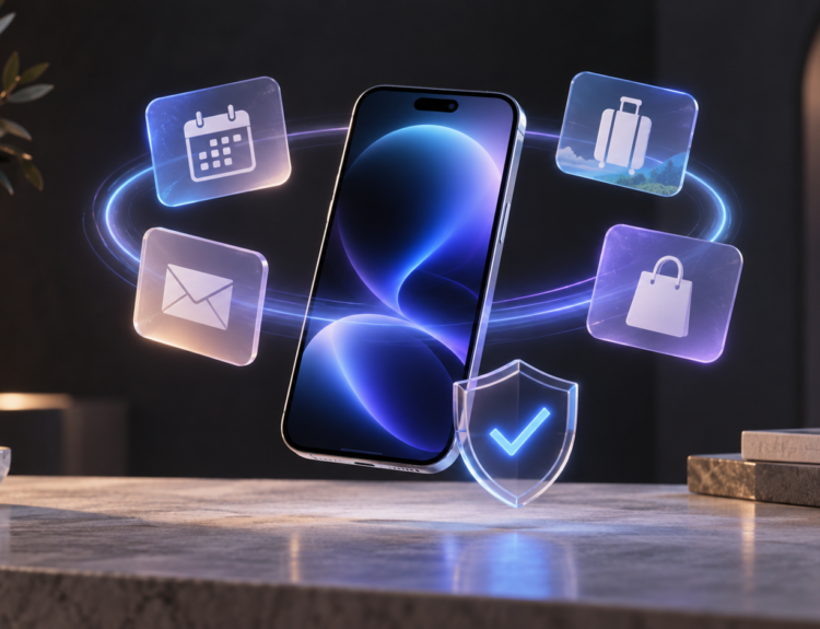 Illustration d’un assistant IA personnel : un smartphone entouré de tâches et d’un symbole de validation.
