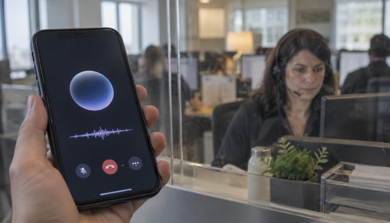 A phone displays a voice assistant while a human operator handles the call behind a glass partition.