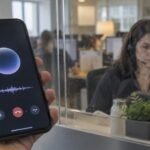 Un téléphone affiche un assistant vocal tandis qu’une opératrice humaine traite l’appel derrière une vitre.