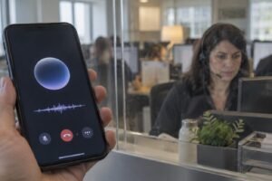 Un téléphone affiche un assistant vocal tandis qu’une opératrice humaine traite l’appel derrière une vitre.