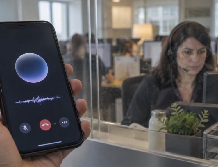 Un téléphone affiche un assistant vocal tandis qu’une opératrice humaine traite l’appel derrière une vitre.
