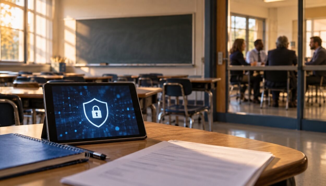 Une tablette affiche un symbole de protection des données dans une salle de classe, tandis que des enseignants se réunissent en arrière-plan.