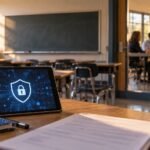 A tablet displays a data protection symbol in a classroom, while teachers gather in the background.