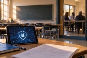 Une tablette affiche un symbole de protection des données dans une salle de classe, tandis que des enseignants se réunissent en arrière-plan.