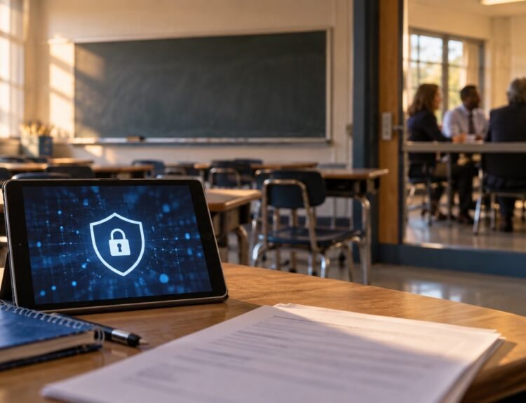 Une tablette affiche un symbole de protection des données dans une salle de classe, tandis que des enseignants se réunissent en arrière-plan.
