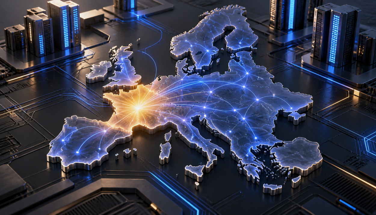Illustration conceptuelle de l’IA européenne : une carte de l’Europe connectée autour de la France.
