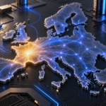 Illustration conceptuelle de l’IA européenne : une carte de l’Europe connectée autour de la France.