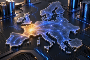 Illustration conceptuelle de l’IA européenne : une carte de l’Europe connectée autour de la France.