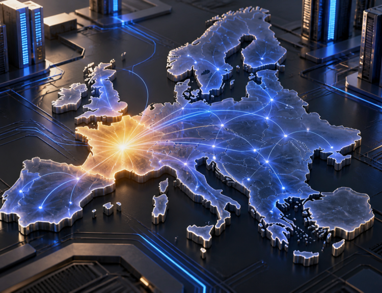 Illustration conceptuelle de l’IA européenne : une carte de l’Europe connectée autour de la France.
