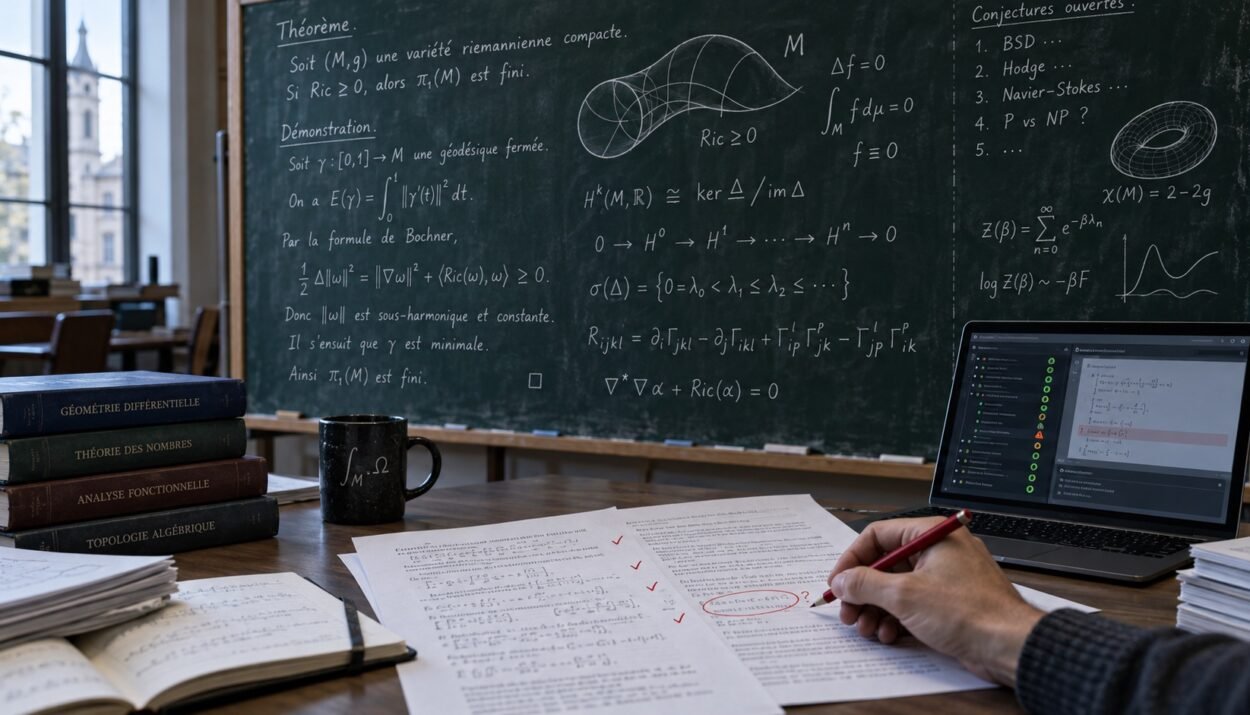 A mathematician checks a proof with a red pen, in front of a board covered with equations and a formal validation software.