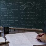 A mathematician checks a proof with a red pen, in front of a board covered with equations and a formal validation software.