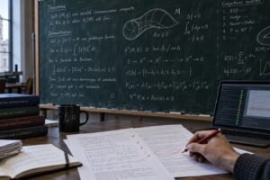 Un mathématicien vérifie au stylo rouge une démonstration, devant un tableau couvert d’équations et un logiciel de validation formelle.