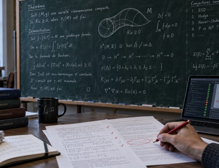 Un mathématicien vérifie au stylo rouge une démonstration, devant un tableau couvert d’équations et un logiciel de validation formelle.