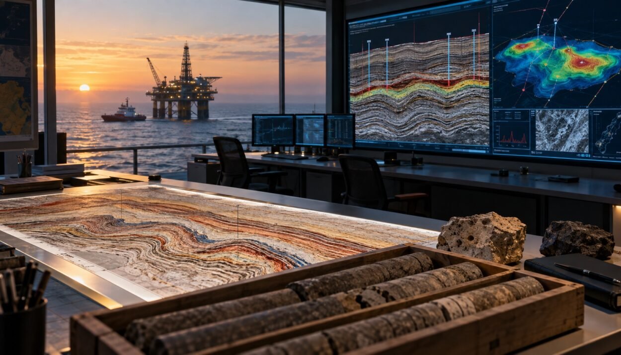 A geological analysis room displays seismic cross-sections and rock cores facing an offshore platform.