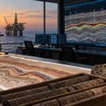 Une salle d’analyse géologique présente des coupes sismiques et des carottes de roche face à une plateforme offshore.