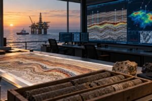 Une salle d’analyse géologique présente des coupes sismiques et des carottes de roche face à une plateforme offshore.