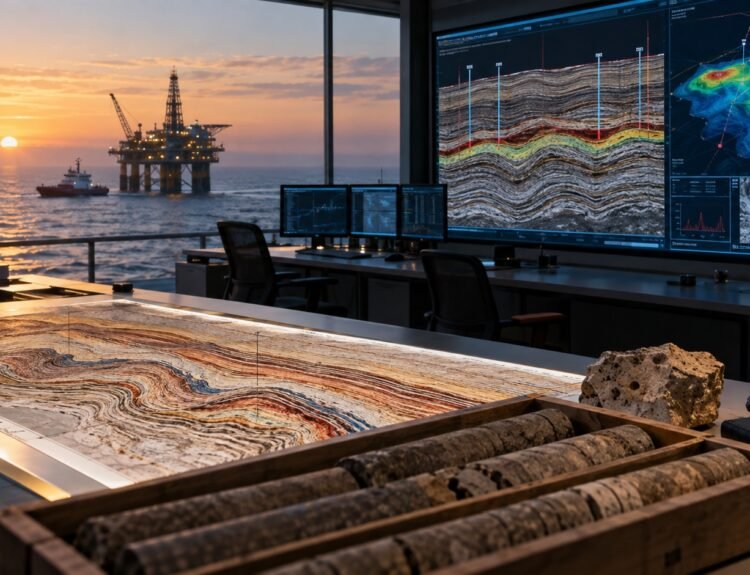Une salle d’analyse géologique présente des coupes sismiques et des carottes de roche face à une plateforme offshore.