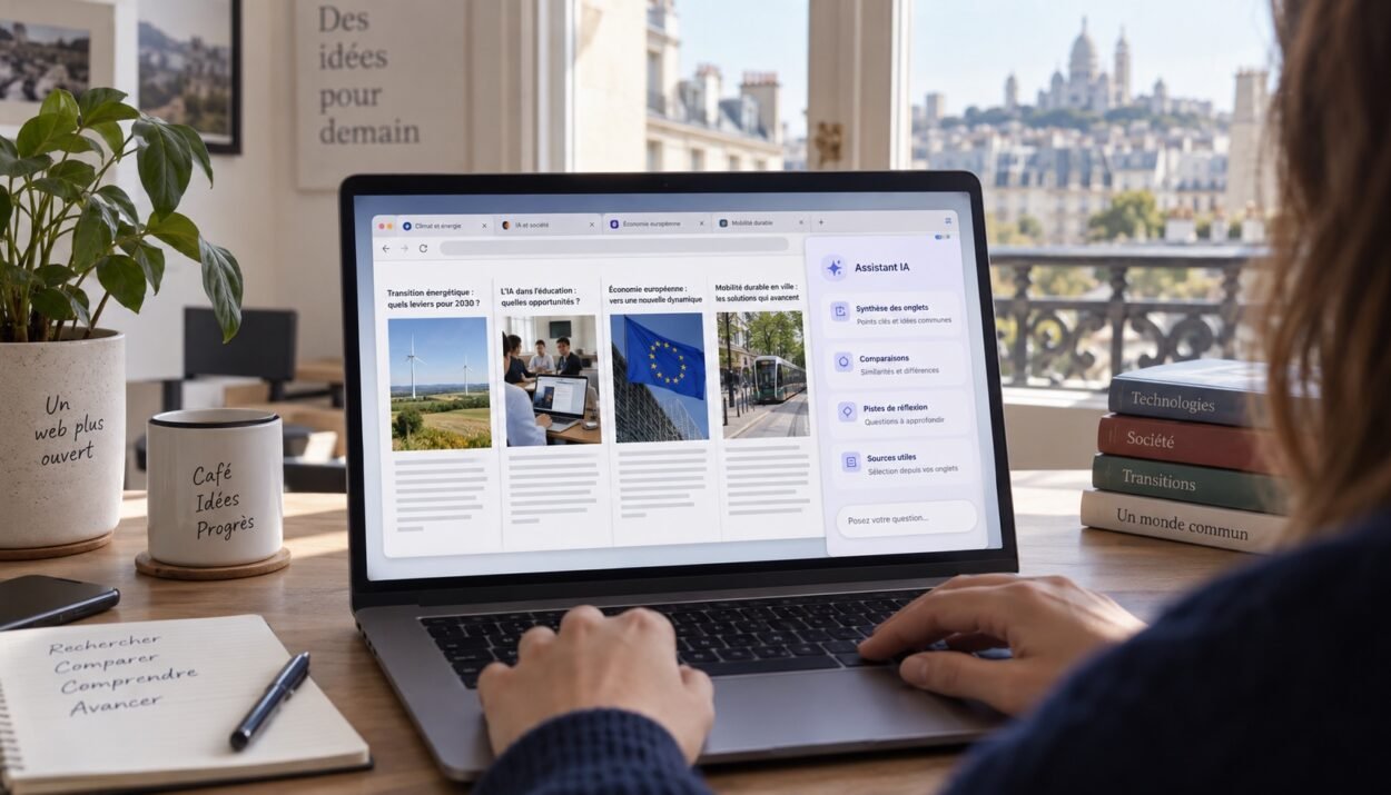Illustration of a person viewing multiple tabs in a browser with an AI help panel.