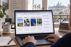 Illustration of a person viewing multiple tabs in a browser with an AI help panel.