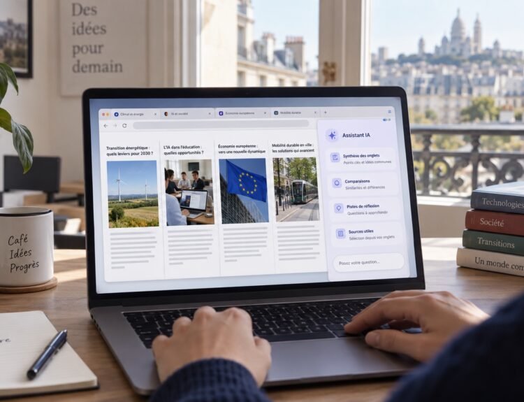 Illustration d’une personne consultant plusieurs onglets dans un navigateur avec un panneau d’assistance IA.