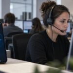 Illustration d’une opératrice de centre d’appels travaillant à côté d’un téléphone affichant une interface vocale d’IA.