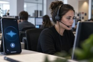 Illustration d’une opératrice de centre d’appels travaillant à côté d’un téléphone affichant une interface vocale d’IA.
