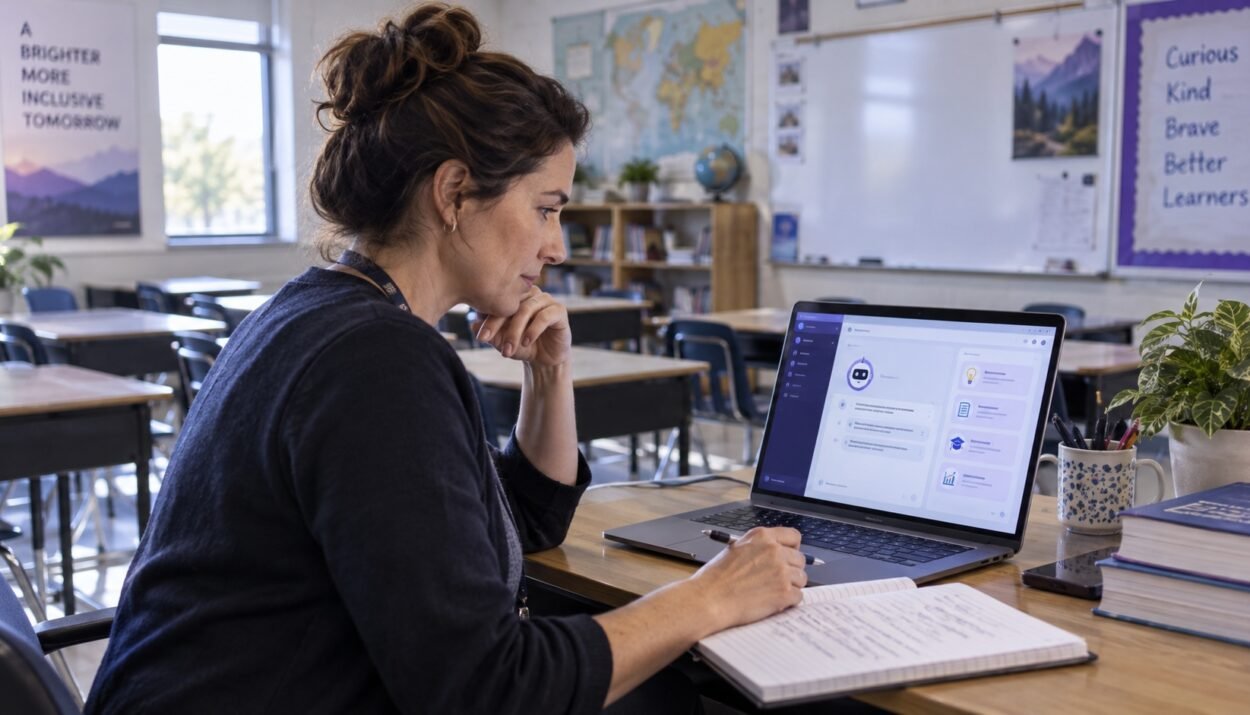 Illustration of a teacher examining an AI tool on a computer in an empty classroom.