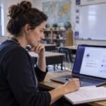 Illustration of a teacher examining an AI tool on a computer in an empty classroom.