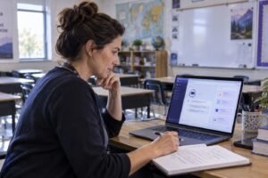Illustration of a teacher examining an AI tool on a computer in an empty classroom.