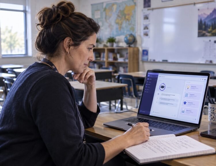 Illustration of a teacher examining an AI tool on a computer in an empty classroom.
