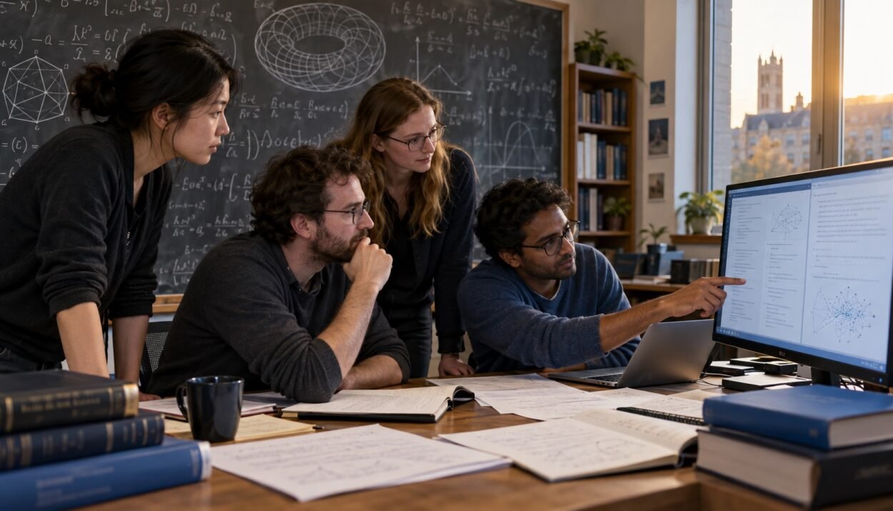 Illustration de mathématiciens examinant sur un écran une démonstration produite avec l’aide de l’intelligence artificielle.