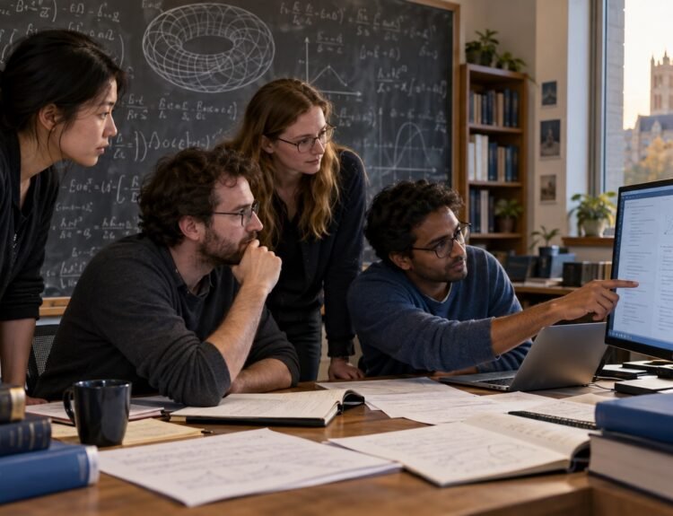 Illustration de mathématiciens examinant sur un écran une démonstration produite avec l’aide de l’intelligence artificielle.